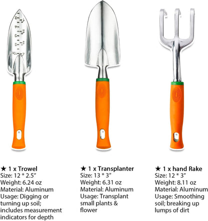 Ukoke Garden Tool Set, 3 Piece Aluminum Hand Tool Kit, Outdoor Tool, Heavy Duty Gardening Work Set with Ergonomic Handle, Gardening Tools for Women Men