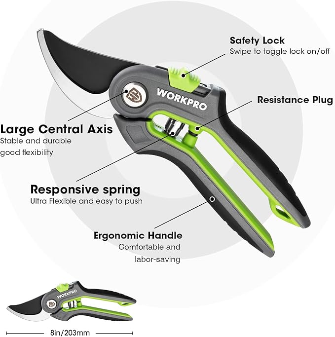 WORKPRO Bypass Pruning Shears, 8’’ Stainless Steel Gardening Hand Pruner, Professional Garden Trimming Scissors with Sharp SK5 Steel Blades, Ideal Garden Tool,Green