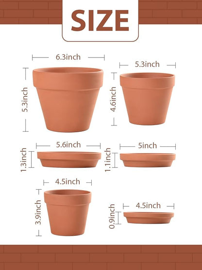 INGOFIN Terracotta Pots Set with Saucer - 5/6/7 inch Ceramic Clay Planters with Drainage Hole, Garden Flower Succulent Pots with Tray for Indoor Outdoor Plants, Set of 3