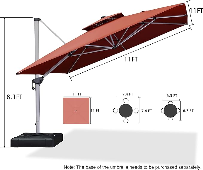 PURPLE LEAF 11 Feet Double Top Deluxe Square Patio Umbrella Offset Hanging Umbrella Cantilever Umbrella Outdoor Market Umbrella, Brick Red