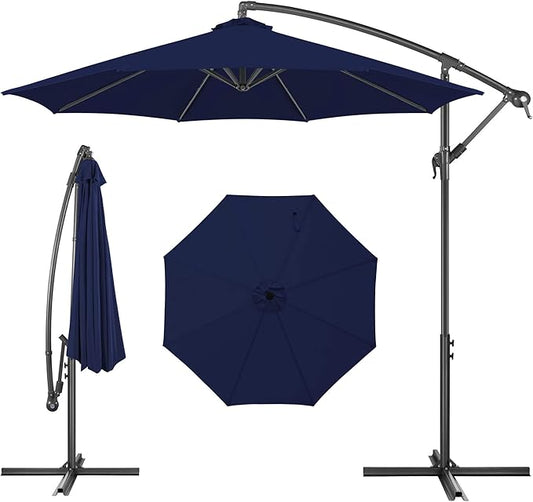 FLAME&SHADE 10ft Cantilever Patio Umbrella Outdoor, Large Offset Umbrella with Crank and Cross Base, UPF 50+ UV Protection Hanging Umbrella for Pool Deck Garden, Navy Blue