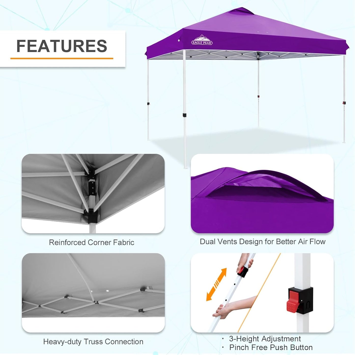 EAGLE PEAK Pop Up Canopy Tent with Wheeled Carry Bag, 8 Stakes, 4 Ropes, 4 Weight Bags, Easy Set Up Tent Canopy, 12x12 ft, 144sqft of Shade, Purple