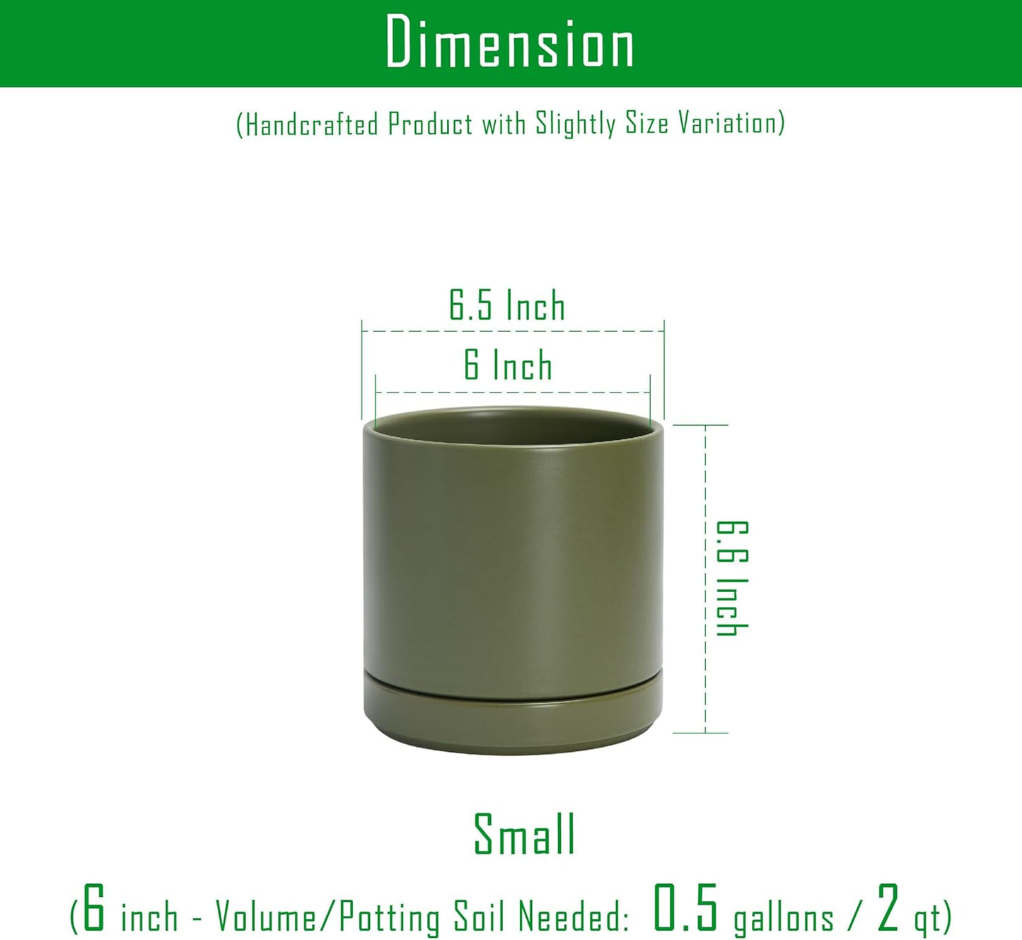 D'vine Dev 6.5 Inch Ceramic Planter Pot with Drainage Hole and Saucer, Indoor Cylinder Round Planter Pot, Olive, 94-O-C-J