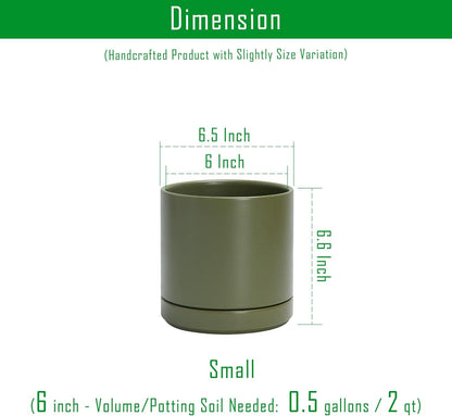 D'vine Dev 6.5 Inch Ceramic Planter Pot with Drainage Hole and Saucer, Indoor Cylinder Round Planter Pot, Olive, 94-O-C-J