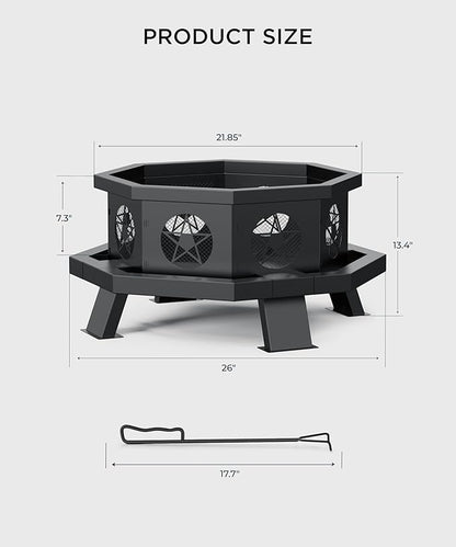 26 inch Fire Pit, Outdoor Fire Pit with Fire Poker, Octagonal Firepits for Outside Fire Pits & Outdoor Fireplaces Heavy Duty Steel Wood Burning Firepit for Bonfire, Camping, Backyard, Patio, Picnic