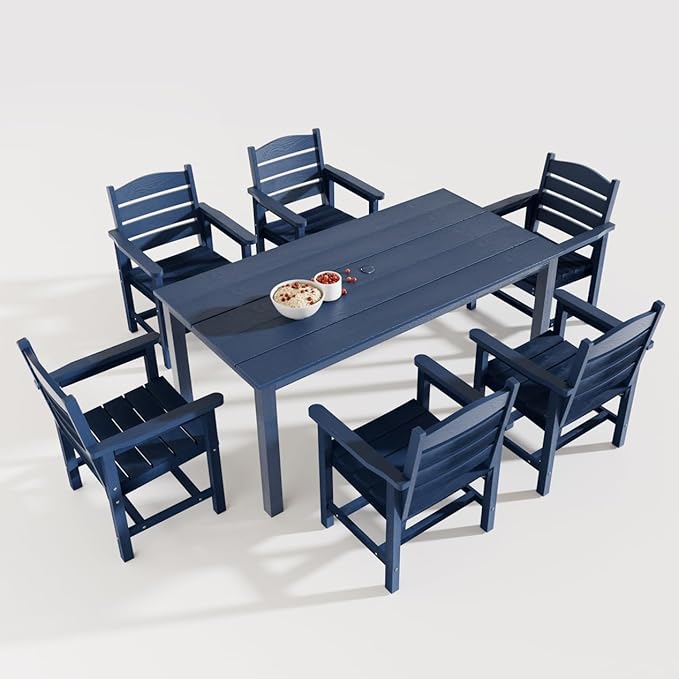Poly Lumber Patio Dining Set, HIPS Outdoor 70.9-Inches Dining Table and Ladder Back Chairs, with Umbrella Hole, Weather Resistant (Navy Blue, 7 Piece)