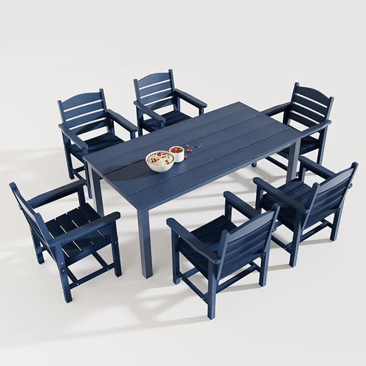 Poly Lumber Patio Dining Set, HIPS Outdoor 70.9-Inches Dining Table and Ladder Back Chairs, with Umbrella Hole, Weather Resistant (Navy Blue, 7 Piece)