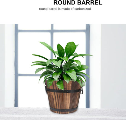 Wooden Barrel Flower Pot - Rustic Planter for Indoor & Outdoor Use with Drainage Holes - 7 Inch Brown Planter for Decorative Plants & Vegetables
