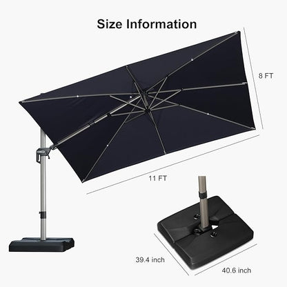 PURPLE LEAF 11.5' X 8' Left-right Tilting Patio Umbrella with Base Outdoor Swivel Cantilever Offset Aluminum Umbrella with Champagne Frame and 360-degree Rotation for Garden Deck Pool, Navy Blue