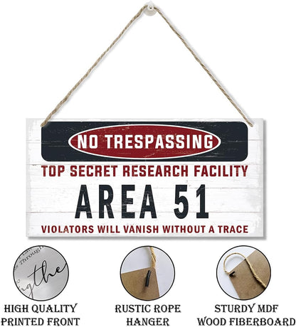Warning Sign, Area 51 No Trespassing Warning Wood Plaque Sign, Funny Door Signs, Decorative Wood Hanging Suspension Plaque, Farmhouse Wooden Wall Decor