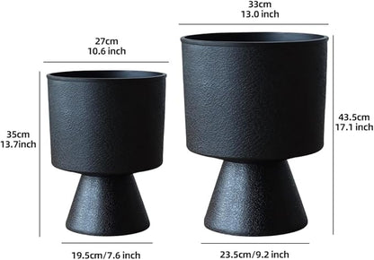 Lookat Modern Hourglass Planter, Indoor Decorative Plastic Plant Container, Textured Metal Look, Contemporary Home Garden Pot (Black, CUP003 Small+Medium)