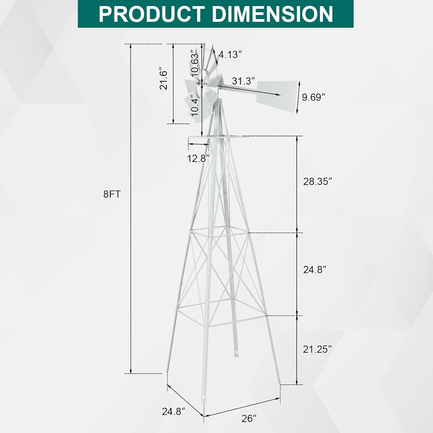 8FT Garden Windmill, Heavy Duty Metal Weather Vane, Yard Ornamental Wind Spinner, Wind Mill Decoration for Backyard Weather Resistant (White, 8ft)