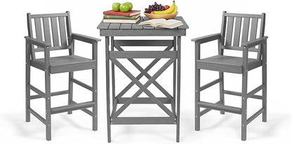 QUASCO Outdoor Adirondack Chairs and Table 3-Piece Sets, Adirondack Bar Table and Height Chairs Set of 2, HDPE Outdoor Bar Stools Set for Bistro, Patio, Balcony, Poolside, Grey