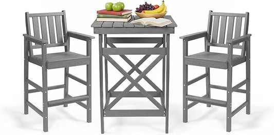 QUASCO Outdoor Adirondack Chairs and Table 3-Piece Sets, Adirondack Bar Table and Height Chairs Set of 2, HDPE Outdoor Bar Stools Set for Bistro, Patio, Balcony, Poolside, Grey
