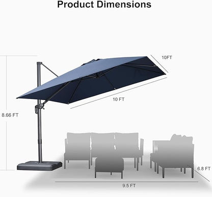 PURPLE LEAF 10 FT Outdoor Umbrella with Base Patio Cantilever Aluminum Umbrella with 3 Years Fade Resistance Recycled Fabric Offset Square with 360-degree Rotation for Deck Pool Garden, Ocean Slate