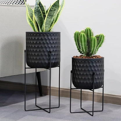TRIROCKS Set of 2 Planters with Stand Indoor Outdoor Metal Plant Stand 8 * 18 &7 * 12 "Modern Planters Flower Pots for Living Room Corner Kitchen Office Garden Balcony Patio Decor(Black)