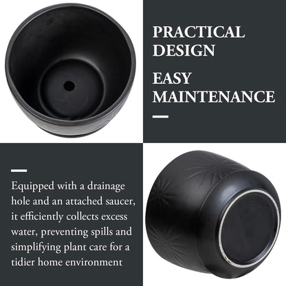 MyGift 7 Inch Round Matte Black Ceramic Plant Pot with Drainage Hole and Attached Saucer, Modern Decorative Embossed Sunburst Planter Container for Indoor Home Garden