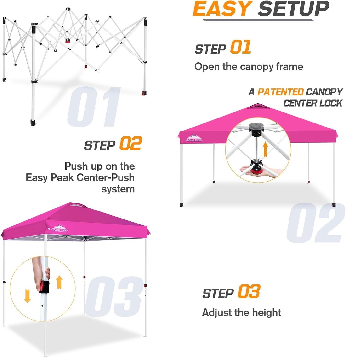 EAGLE PEAK Pop Up Canopy Tent with Wheeled Carry Bag, 8 Stakes, 4 Ropes, Easy Set Up Tent Canopy, 6.6x6.6 ft, Pink