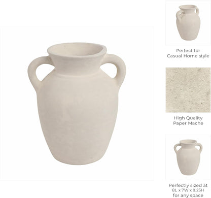 Sagebrook Home Vintage Ceramic Vase - Handmade Pottery Paper Mache Jug - Decorative Home Accent for Living Room, Bedroom, Office - 9" White