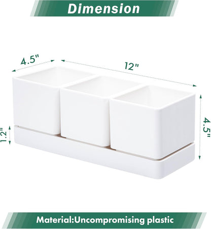 D'vine Dev Herb Garden Planter Set, Plastic Plant Pots with Drainage and Saucer, Indoor Succulent Cactus Vegetable Pot for Windowsill, Garden Balcony, White, Set of 2, 76-V-A-2