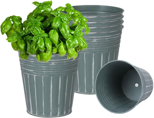 vensovo 6 Inch Grey Green Metal Rustic Flower Pots - 6Pcs Medium Galvanized Planters with Drainage Hole and Rubber Plug, Rustproof Metal Bucket Plant Pots Farmhouse Vintage Style for Decor