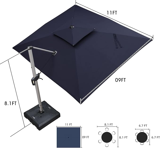 PURPLE LEAF 9 X 11 FT Cantilever Patio Umbrellas with Base Included, Large Square Offset Umbrella with 360° Rotation, Outdoor Aluminum Pool Umbrella for Pool Lawn Garden, Navy Blue
