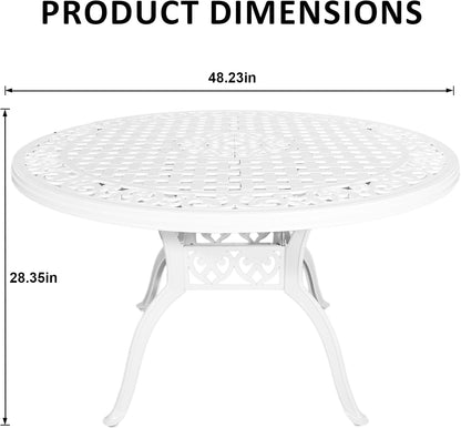 48 Inch Outdoor Dining Table Round Patio Bistro Table Powder-Coated Cast Aluminum Frame Patio Dining Table Garden Table with Umbrella Hole (White)