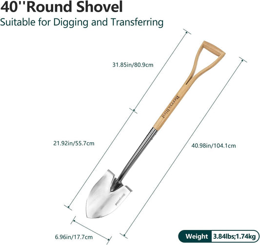 Berry&Bird Round Point Gardening Shovel with Wood D-Handle, 40.98" Stainless Steel Beach & Snow Shovel