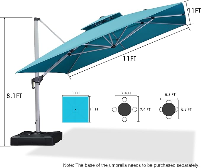 PURPLE LEAF 11 Feet Double Top Deluxe Square Outside Umbrella for Patio Offset Hanging Umbrella, Turquoise Blue