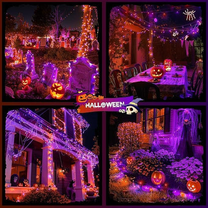 JMEXSUSS Orange and Purple Solar Halloween Lights, 2 Pack Total 400 LED Solar String Lights Outdoor Waterproof, 8 Modes Halloween Light for Outside Patio Yard Tree Decorations