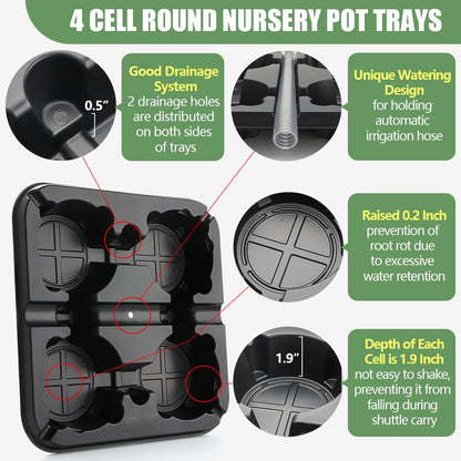 4 Cell Round Nursery Pot Trays for 5-6 Inch Pots, Thickened Sturdy Seedling Pot Shuttle Tray, Durable Nursery Pots Carrying Tray for Holding 5-6 inch Plastic Plant Pots (12.6" Square, 10-Pack)