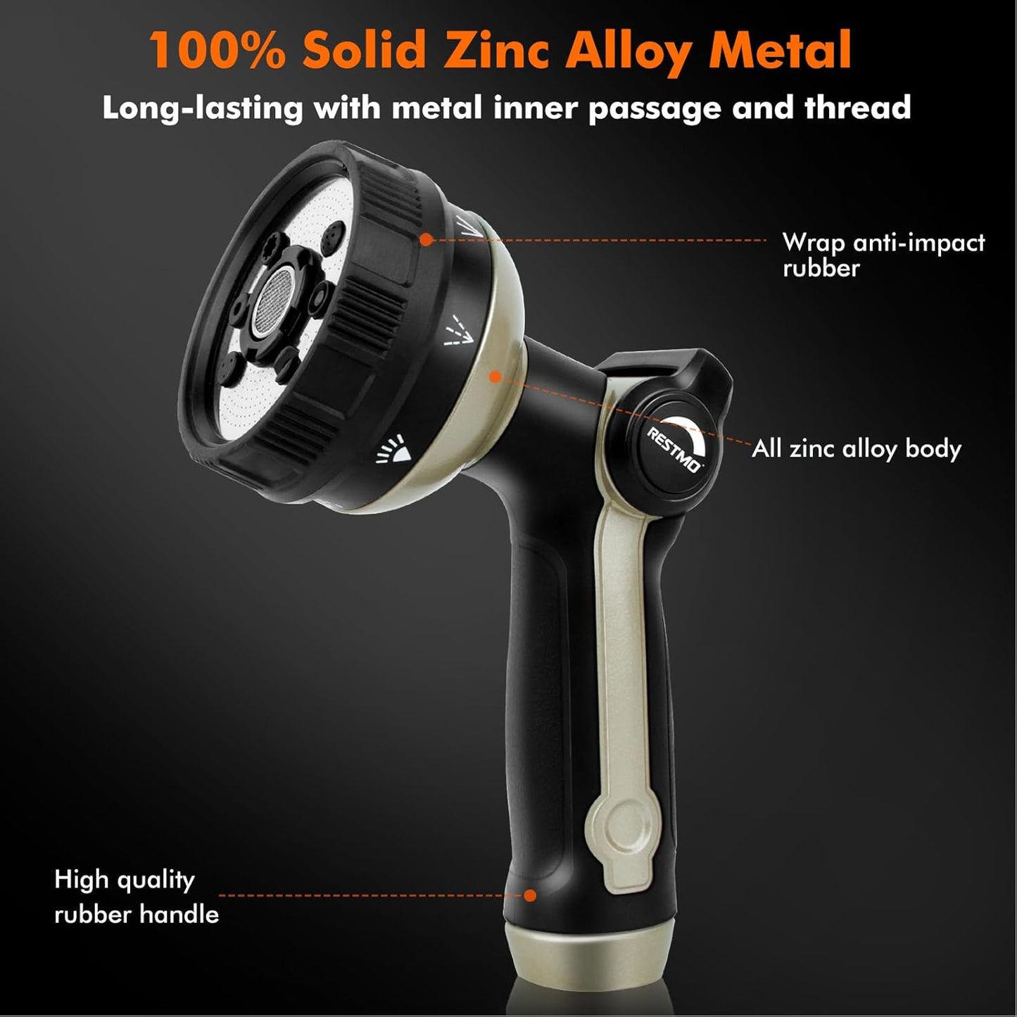 RESTMO Full Shower Hose Nozzle, Metal Spray Nozzle for Garden Hose, 8 Spray Patterns, Water Hose nozzle with Thumb Control, Ideal for Outdoor Lawn & Plant Watering, Car & Pet Washing, Bronze