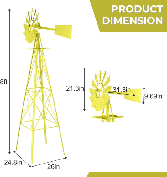Outvita 8FT Ornamental Windmill for Yard, Heavy Duty Durable Metal Weather Vane Garden Decoration Weather Resistant for Garden, Farm, Seaside