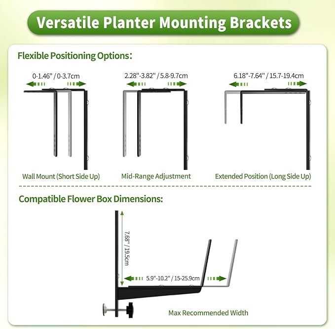 Heavy Duty Adjustable Window Box Brackets - Iron Planter Box Hangers with Reinforced Bottom Support for Balcony, Fence, Railing, Garden - Rust-Proof & Sturdy Flower Pot Holders