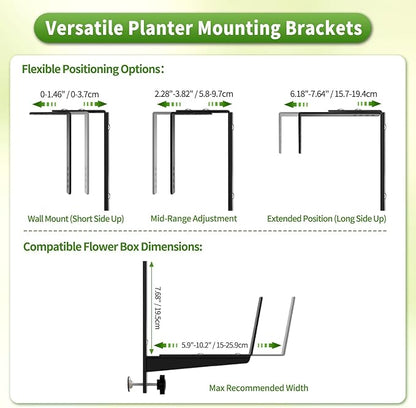 Heavy Duty Adjustable Window Box Brackets - Iron Planter Box Hangers with Reinforced Bottom Support for Balcony, Fence, Railing, Garden - Rust-Proof & Sturdy Flower Pot Holders