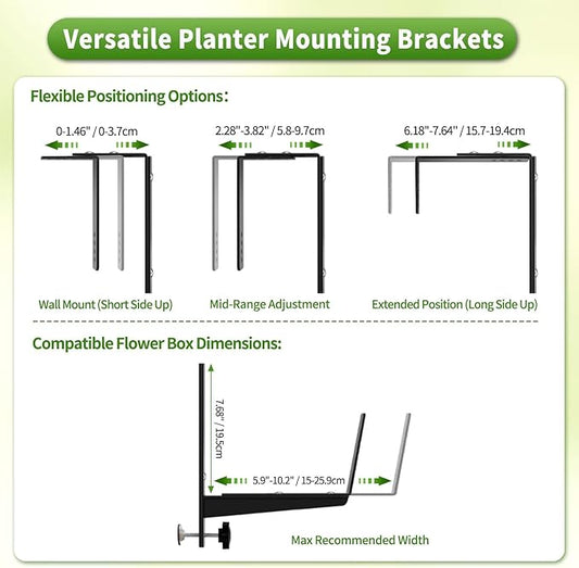 Heavy Duty Adjustable Window Box Brackets - Iron Planter Box Hangers with Reinforced Bottom Support for Balcony, Fence, Railing, Garden - Rust-Proof & Sturdy Flower Pot Holders