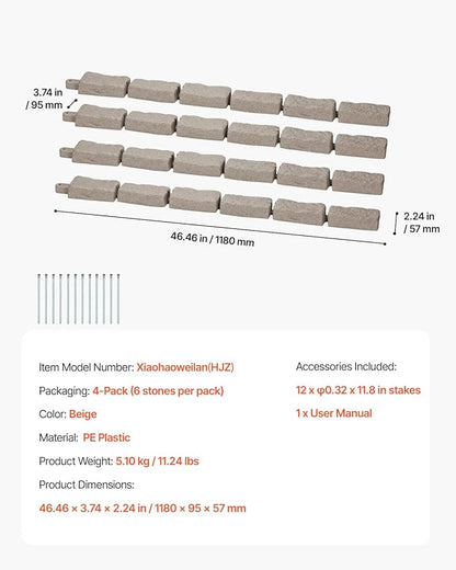 VEVOR Faux Stone Landscape Edging, No Dig Garden Edging Border, Flexible Blocks for Lawn Edging, Flower Beds, Driveway, Yards with 12 Spikes, 4 Pack 24 Bricks 16FT Kit, 46.5" Lx 3.7" W x 2.2" H, Beige