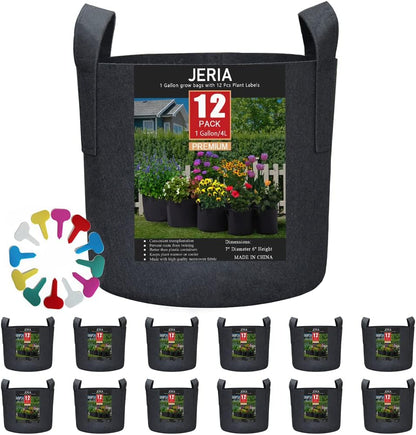 JERIA 12-Pack 1 Gallon, Vegetable/Flower/Plant Grow Bags, Aeration Fabric Pots with Handles (Black), Come with 12 Pcs Plant Labels