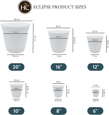 The HC Companies Eclipse Round Planter with Saucer - Outdoor & Indoor Plant Pot with Drainage Holes - Lightweight, UV-Resistant Plastic Pots for Plants, Flowers & Herbs (8" White, Pack of 6)