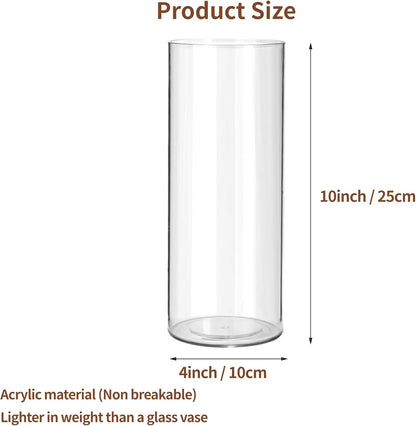 Clear Flower Vase, Non-breakable Vases, 4" W x 10" H, Acrylic Vase, Aesthetic Room Decor Cylindrical Modern Flower Vases for Table Centerpiece, Home Decor, Women Floral Arrangement Gift