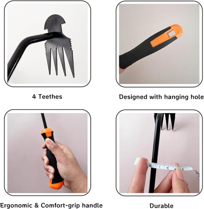 Hand Weeding Tool, Uprooting Weeder Tool Portable Garden Weed Remover with Handle, 4 Teeth Stainless Steel Weed Puller for Garden Backyard Farm Planting & Weeding (Rubber Handle)