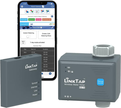 LinkTap G1S Wireless Water Timer & Gateway - Smart Sprinkler Timer with App, Remote Irrigation for Garden, Weather Aware, Greater Range than WiFi, Manual Control & Digital Lockout, 2 Year Battery Life