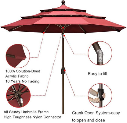 EliteShade USA 10-Year-Non-Fading 9Ft 3 Tiers Market Umbrella Patio Umbrella Outdoor Table Umbrella with Ventilation, Burgundy