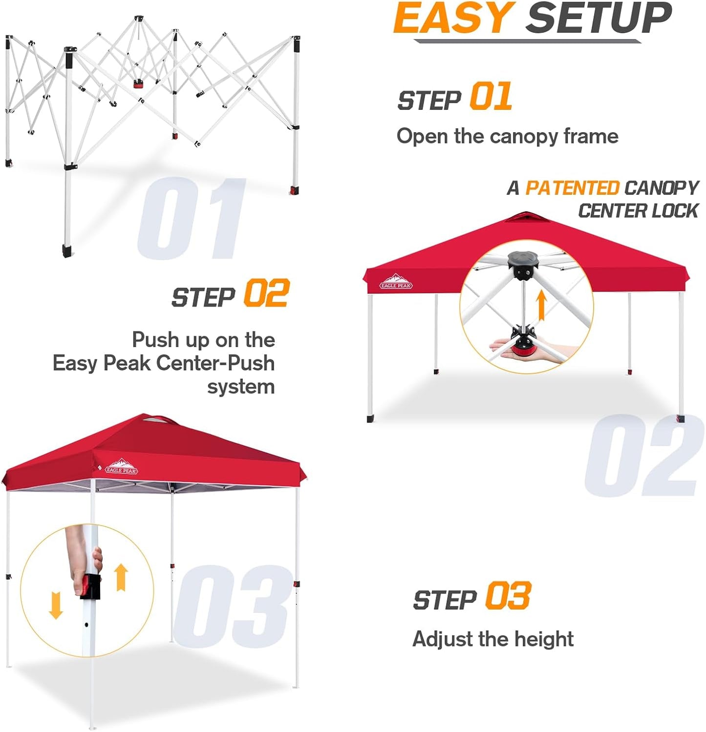 EAGLE PEAK Pop Up Canopy Tent with Wheeled Carry Bag, 8 Stakes, 4 Ropes, Easy Set Up Tent Canopy, 6.6x6.6 ft, Red