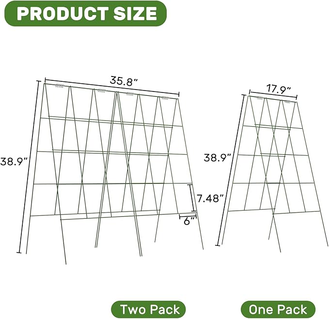 DOEWORKS Cucumber Trellis, 39" High Foldable A Frame Garden Trellis, 2 Pack, Plant Support for Climbing Cucumber, Beans, Tomatoes, Flowers, Green