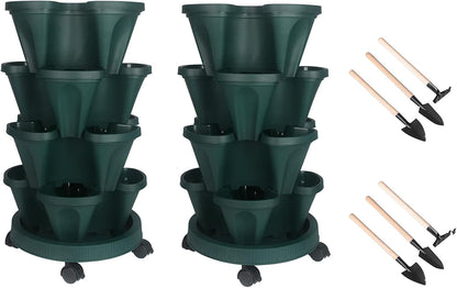 Vertical Planter 4 Tier Stackable Planters Garden Planters Strawberry Herb Flower and Vegetable Planter Indoor Outdoor Gardening Pots with Removable Wheels and Tools 2-Pack