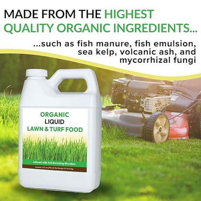 Organic Liquid Lawn & Turf Food - Quickly Rejuvenates Lawn Health and Restores Rich Green Colors to Depleted Grass | Infused with Soil Enriching Microbes (32oz, Treats Up to 5,000 Sq. Feet)
