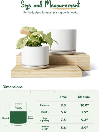 LE TAUCI Ceramic Plant Pots, Set of 2, 8 & 10 Inch Plant Pots Indoor with Saucer and Drainage, Modern Durable Planters for Home Decor, Great Gift for Plant Lover, White