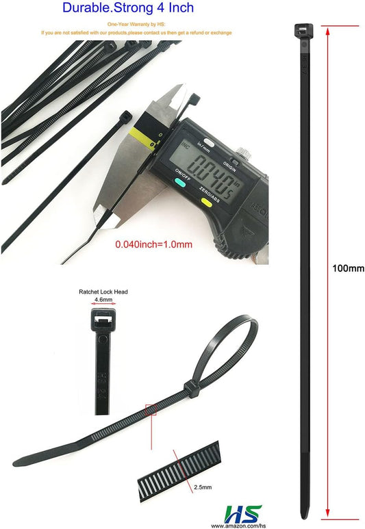 HS Durable Plastic Zip Ties 4 Inch (Bulk-1000 Pack) Small Tie Wraps Thin 18 Lbs Self-Locking Nylon Cable Ties for Electronics Organizer, Wire Zip Ties UV Rated Black