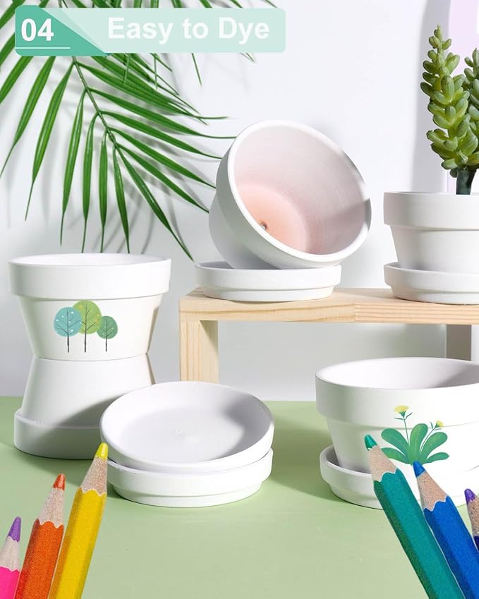 vensovo 3.7 Inch White Terracotta Shallow Succulent Pots - 6 Pack Terra Cotta Clay Pot with Saucer, Cacuts Indoor and Outdoor Planters with Drainage Hole